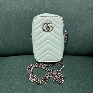 Authentic GUCCI GG Marmont Vertical Phone Crossbody Bag Matelasse Leather Mini